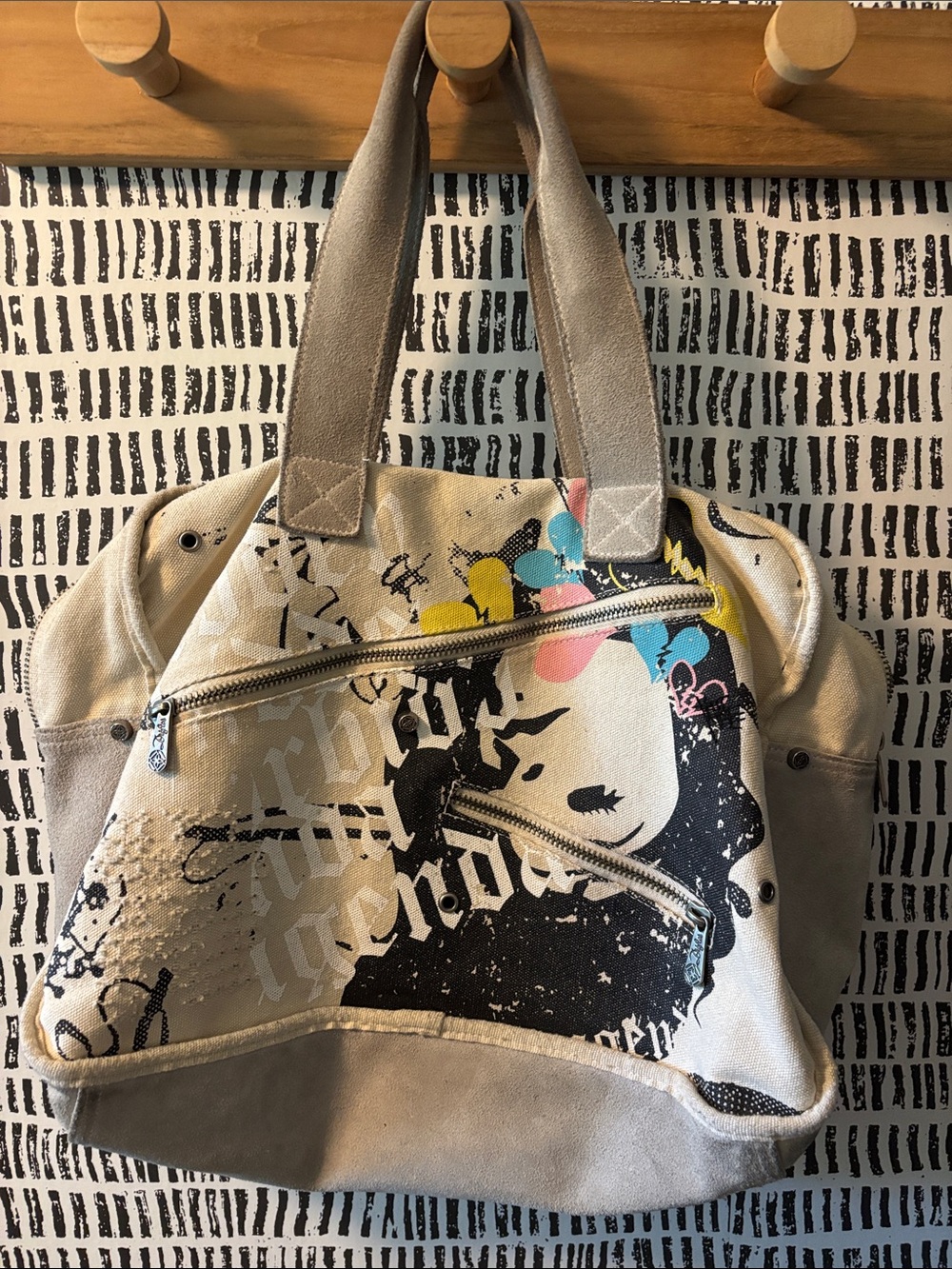 Canvas Graphic Tote Bag in Beige with Colorful Accents